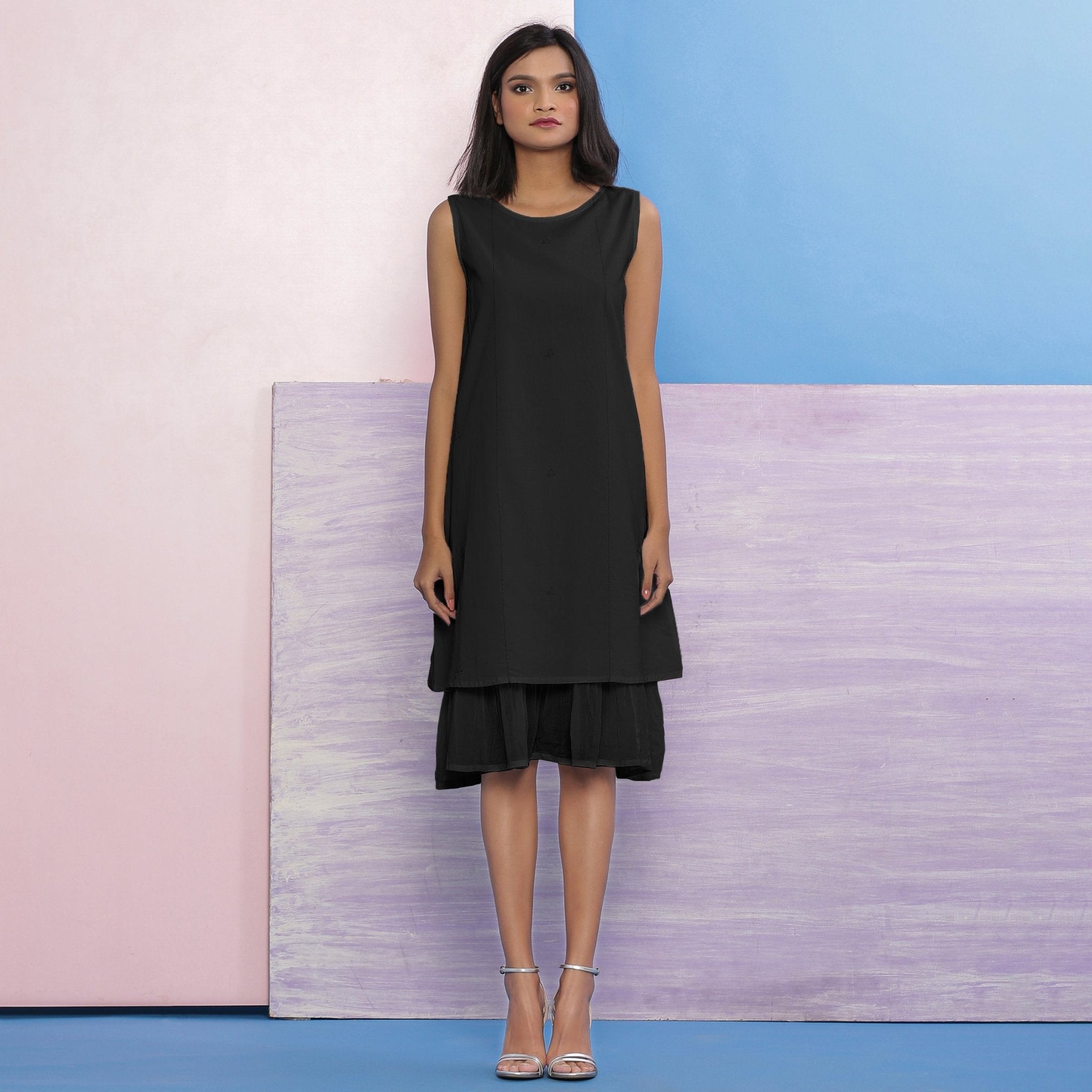 Black 100% Cotton Knee Length Hand Beaded A-Line Dress