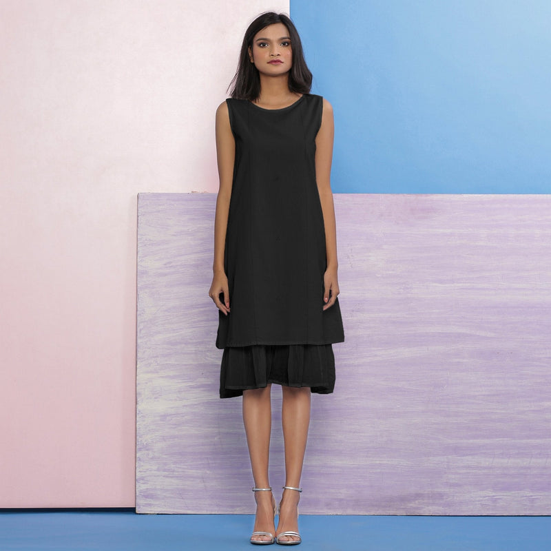 Black 100% Cotton Knee Length Hand Beaded A-Line Dress