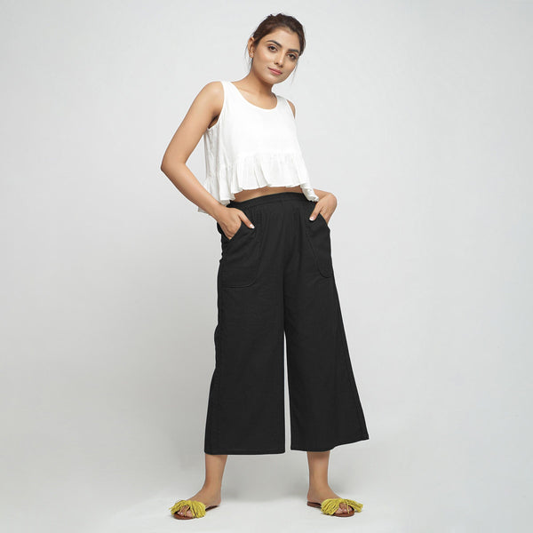 Black 100% Cotton Mid-Rise Elasticated Wide Legged Pant