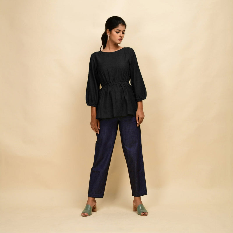 Black 100% Cotton Round Neck Peplum Top