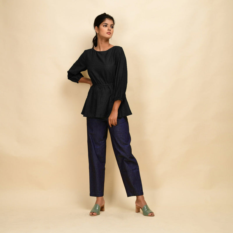 Black 100% Cotton Round Neck Peplum Top