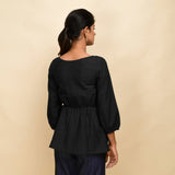 Black 100% Cotton Round Neck Peplum Top