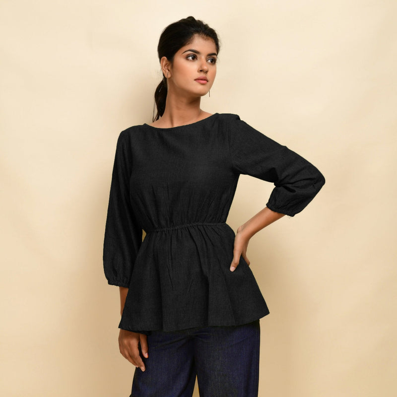 Black 100% Cotton Round Neck Peplum Top