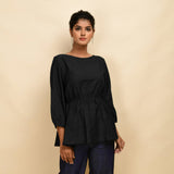 Black 100% Cotton Round Neck Peplum Top