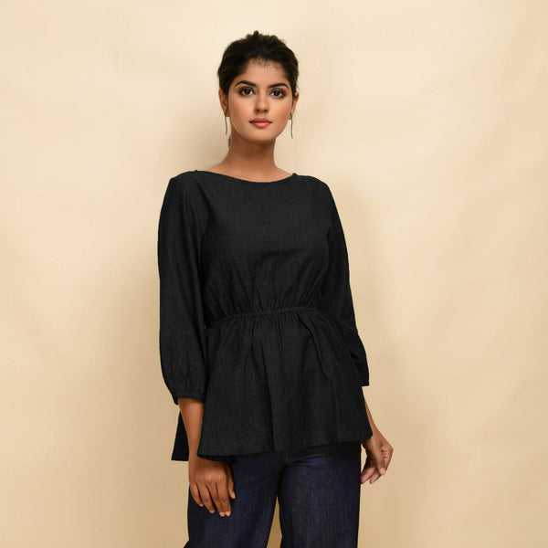 Black 100% Cotton Round Neck Peplum Top