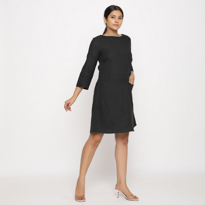 Black 100% Cotton Round Neck Short Tunic Dress