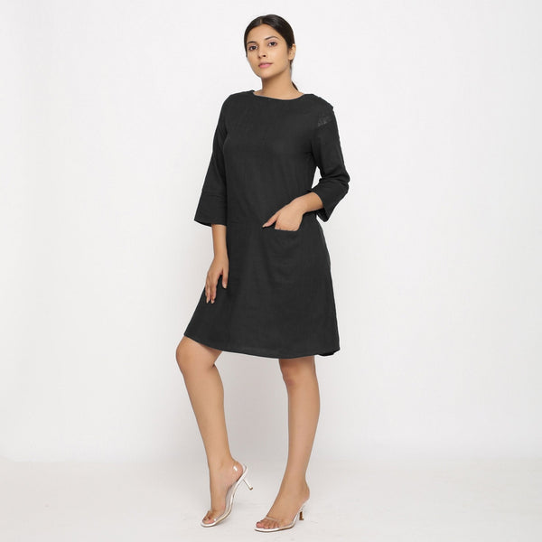 Black 100% Cotton Round Neck Short Tunic Dress