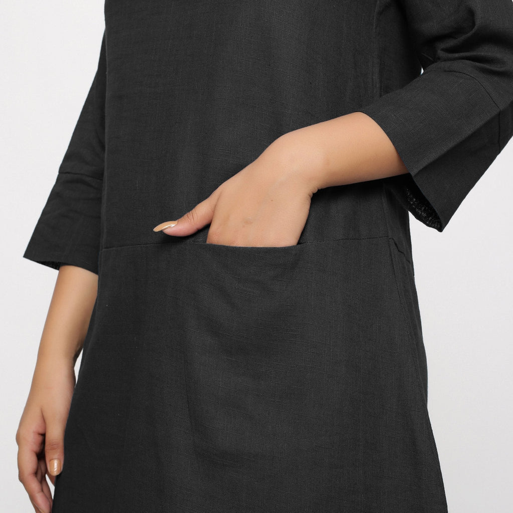 Black 100% Cotton Round Neck Short Tunic Dress