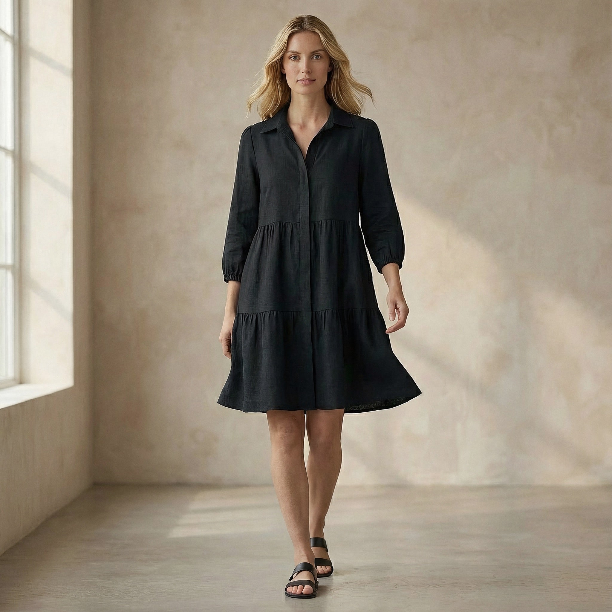Black 100% Cotton Short Shirt Dress