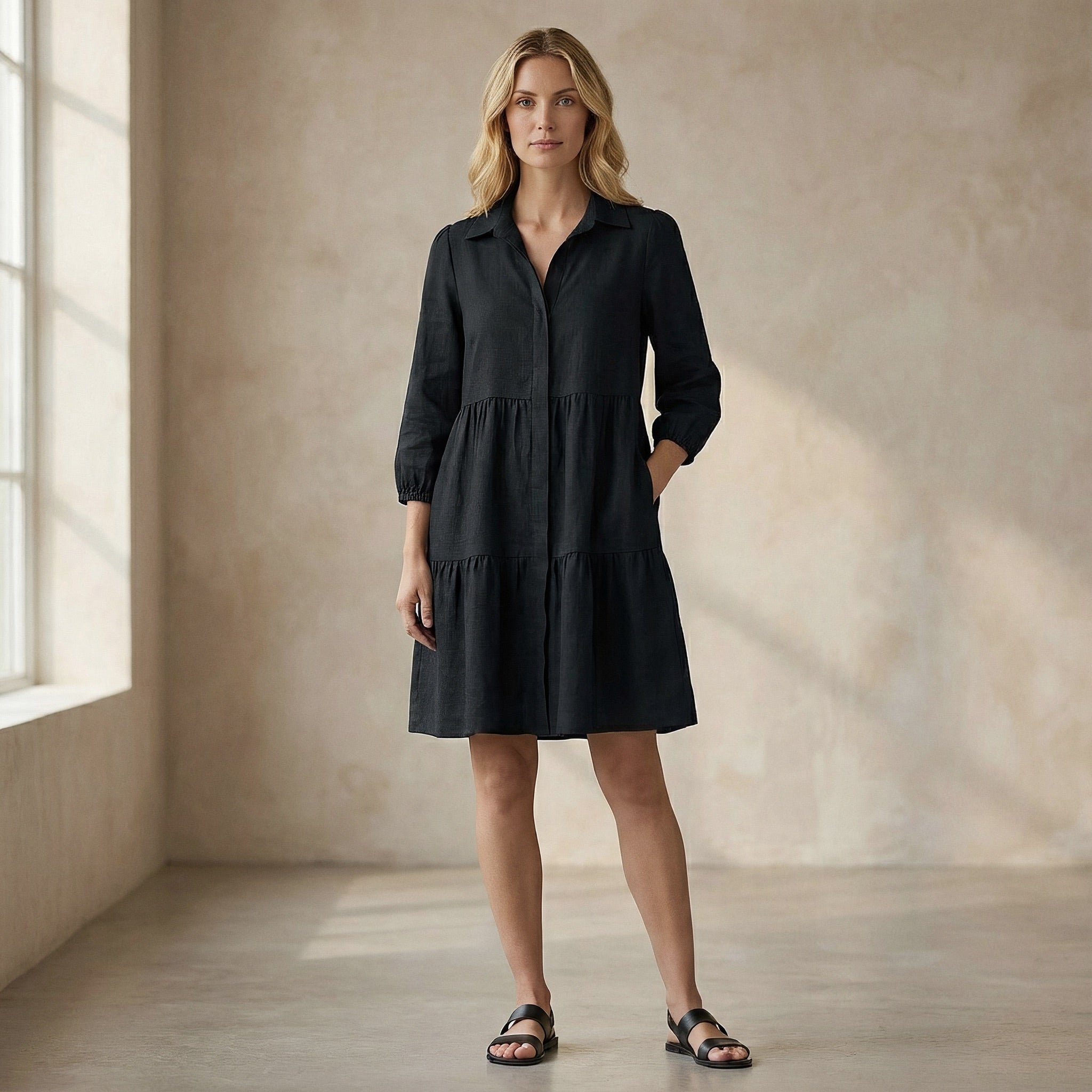 Black 100% Cotton Short Shirt Dress