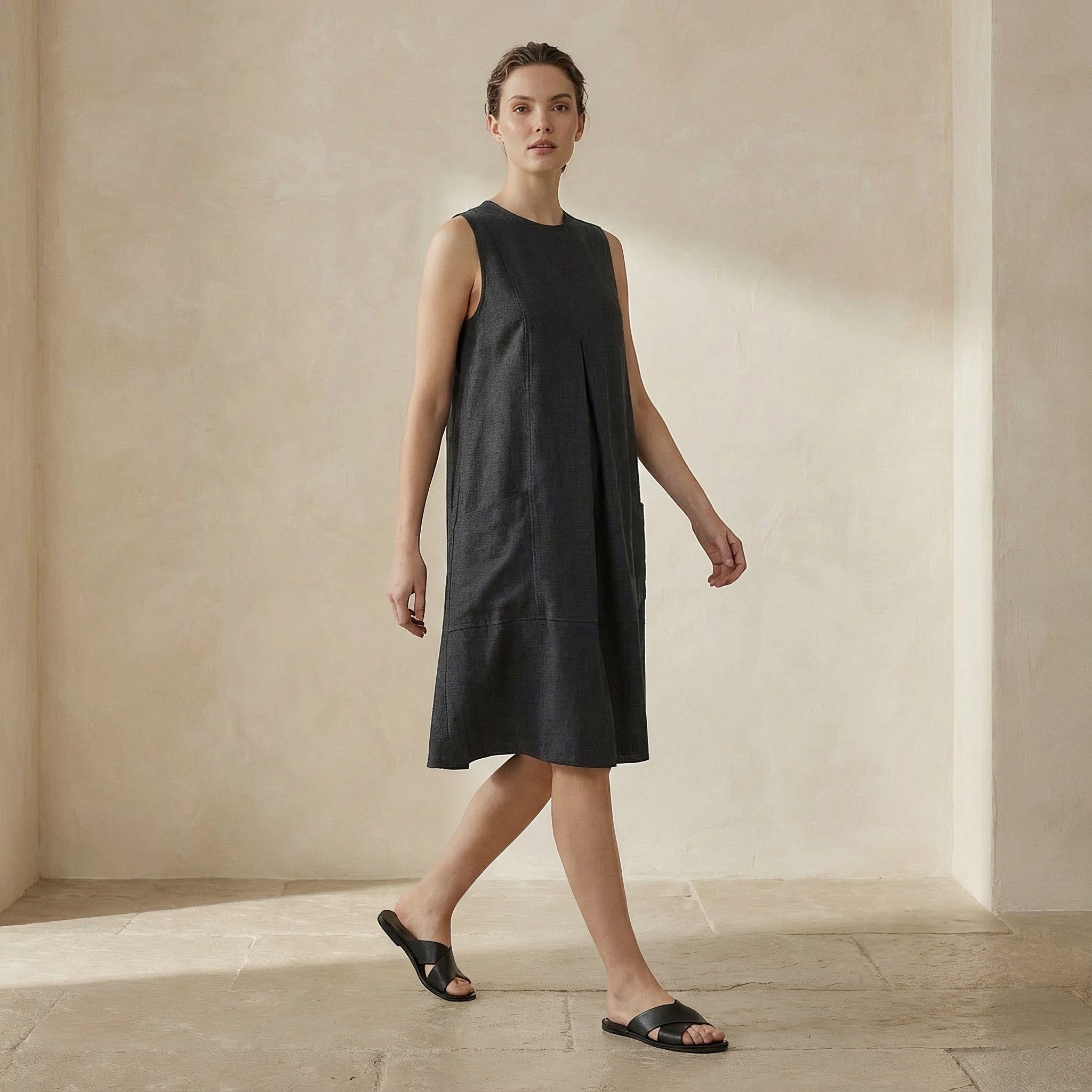 Black 100% Cotton Sleeveless Paneled Swing Dress