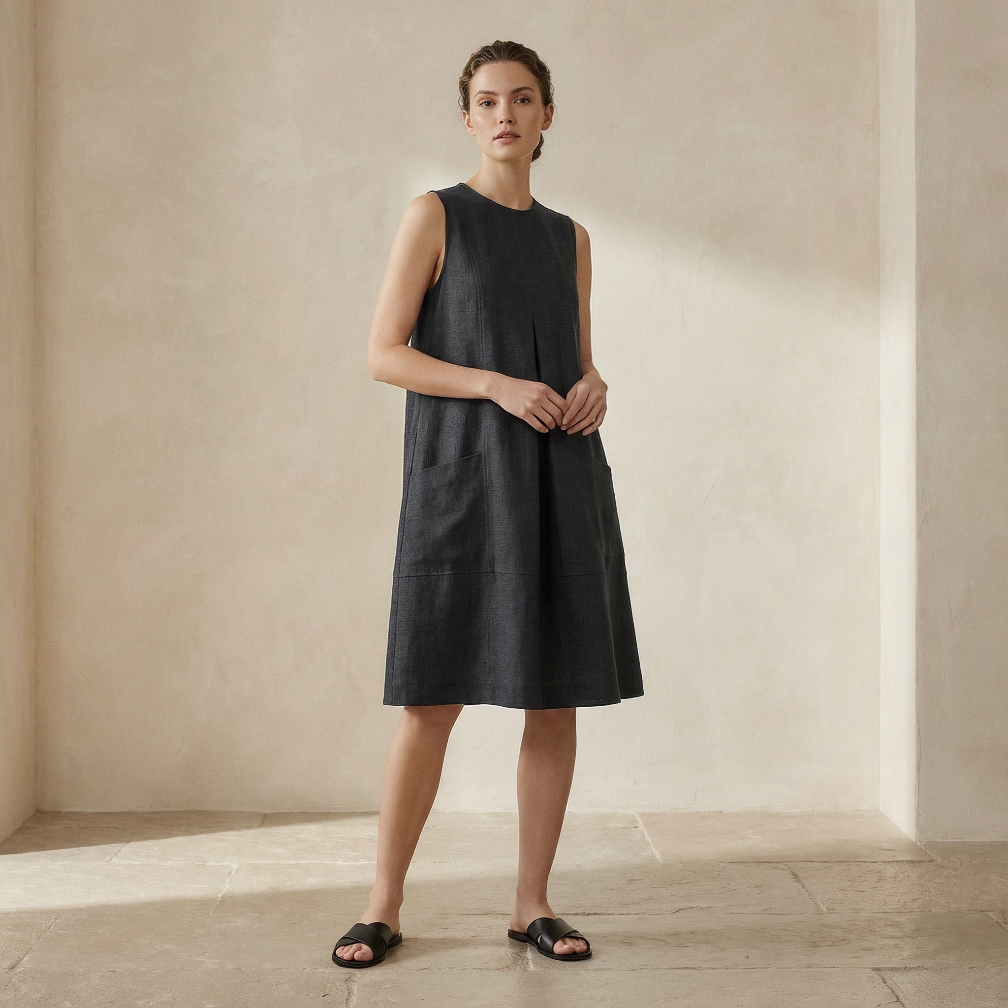 Black 100% Cotton Sleeveless Paneled Swing Dress
