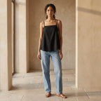 Black 100% Cotton Spaghetti Strap Top with Elastic Gathered Back