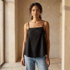 Black 100% Cotton Spaghetti Strap Top with Elastic Gathered Back