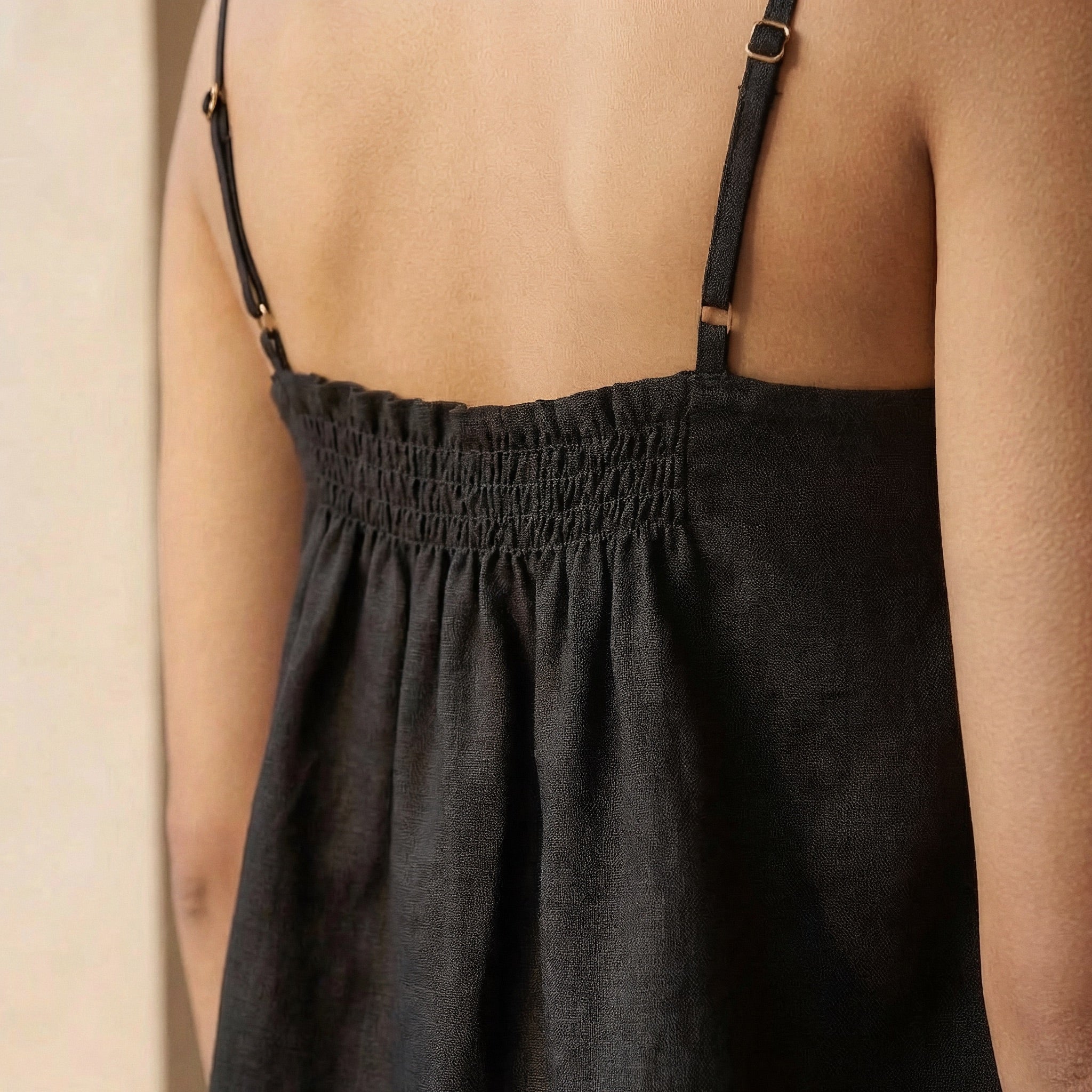 Black 100% Cotton Spaghetti Strap Top with Elastic Gathered Back