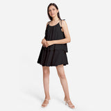 Black 100% Cotton Tie-Up Shoulder Mini Tier Dress