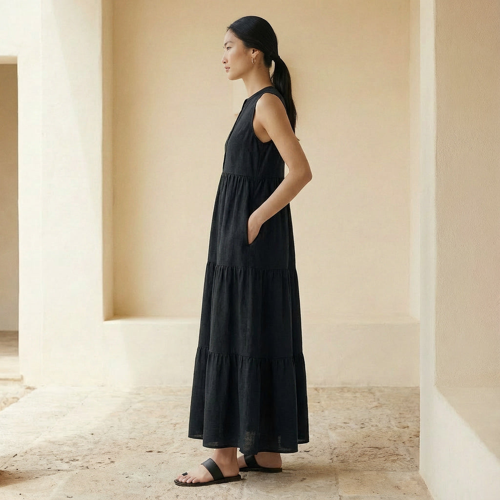 Black 100% Cotton V-Neck Maxi Tier Dress