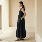 Black 100% Cotton V-Neck Maxi Tier Dress