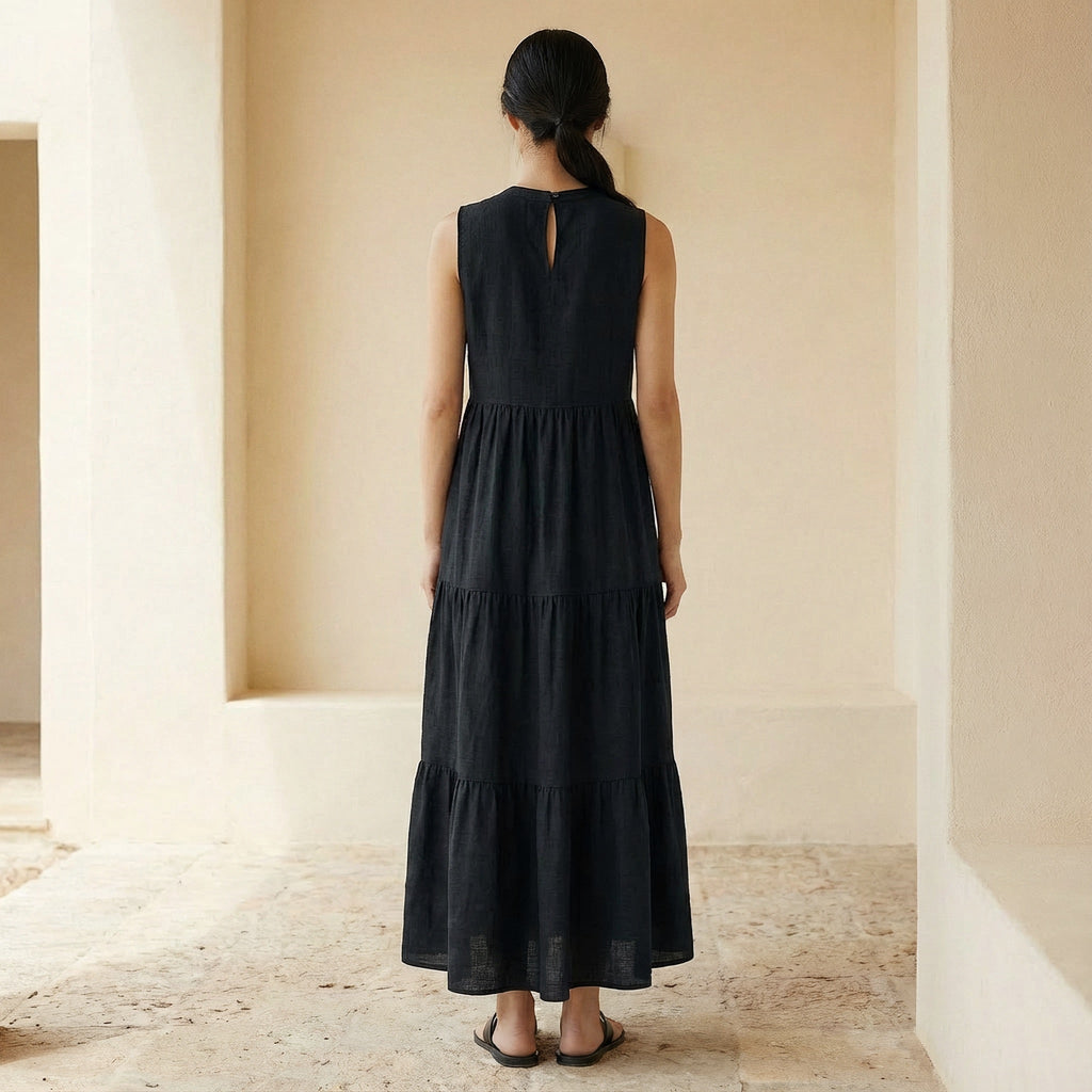 Black 100% Cotton V-Neck Maxi Tier Dress