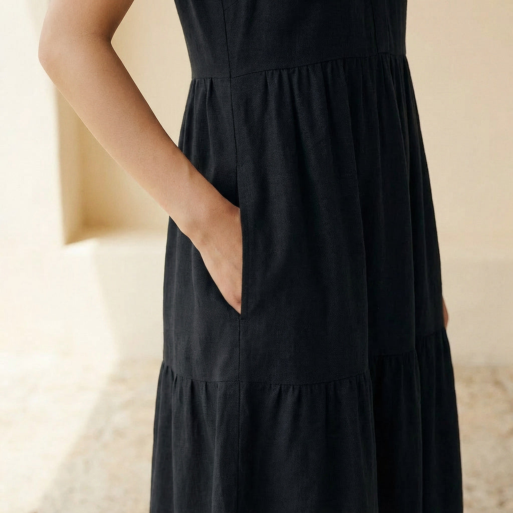 Black 100% Cotton V-Neck Maxi Tier Dress