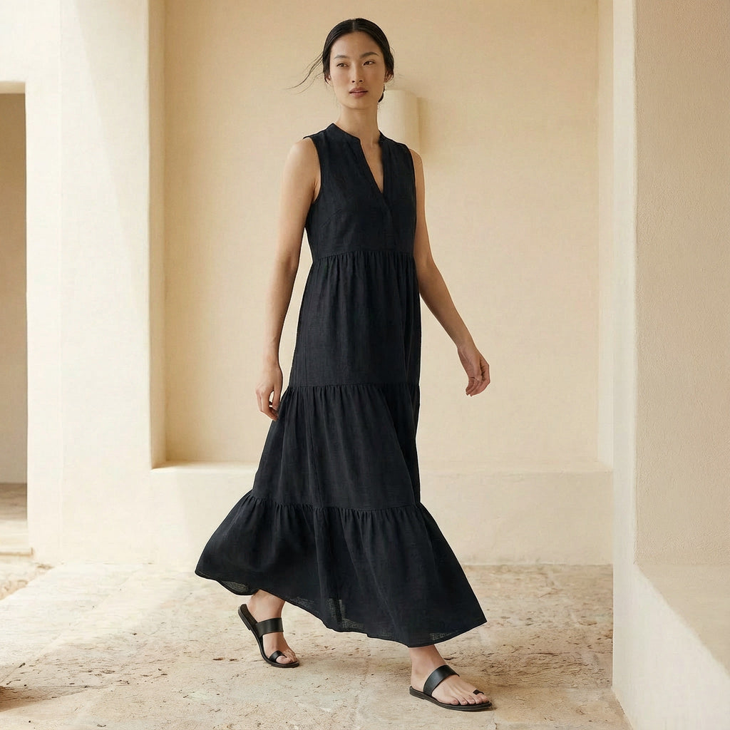 Black 100% Cotton V-Neck Maxi Tier Dress