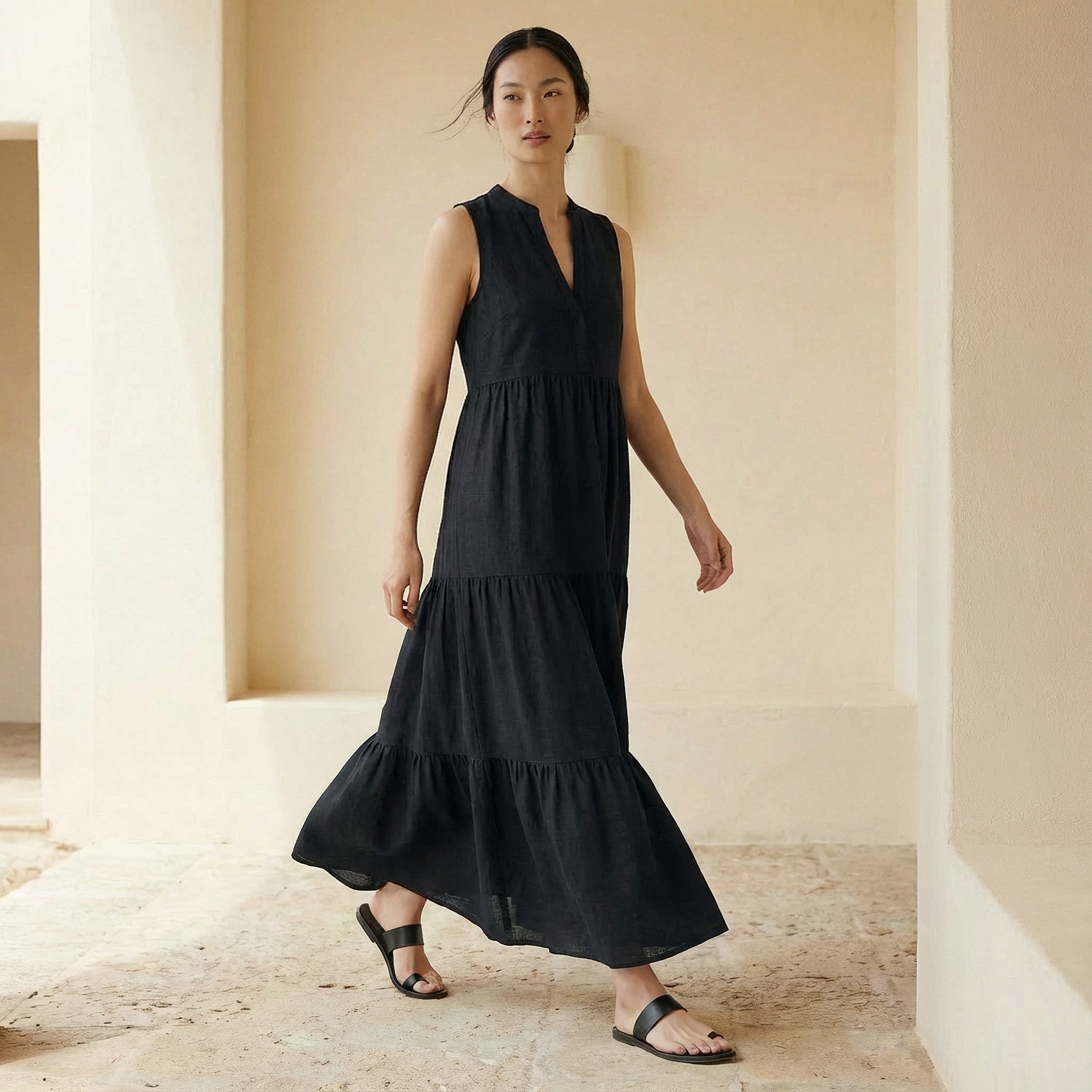 Black 100% Cotton V-Neck Maxi Tier Dress
