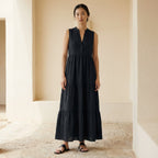 Black 100% Cotton V-Neck Maxi Tier Dress