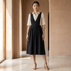 Black 100% Cotton V-Neck Pinafore Midi Wrap Dress