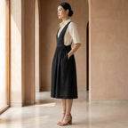 Black 100% Cotton V-Neck Pinafore Midi Wrap Dress