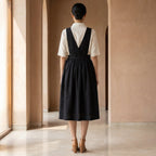 Black 100% Cotton V-Neck Pinafore Midi Wrap Dress