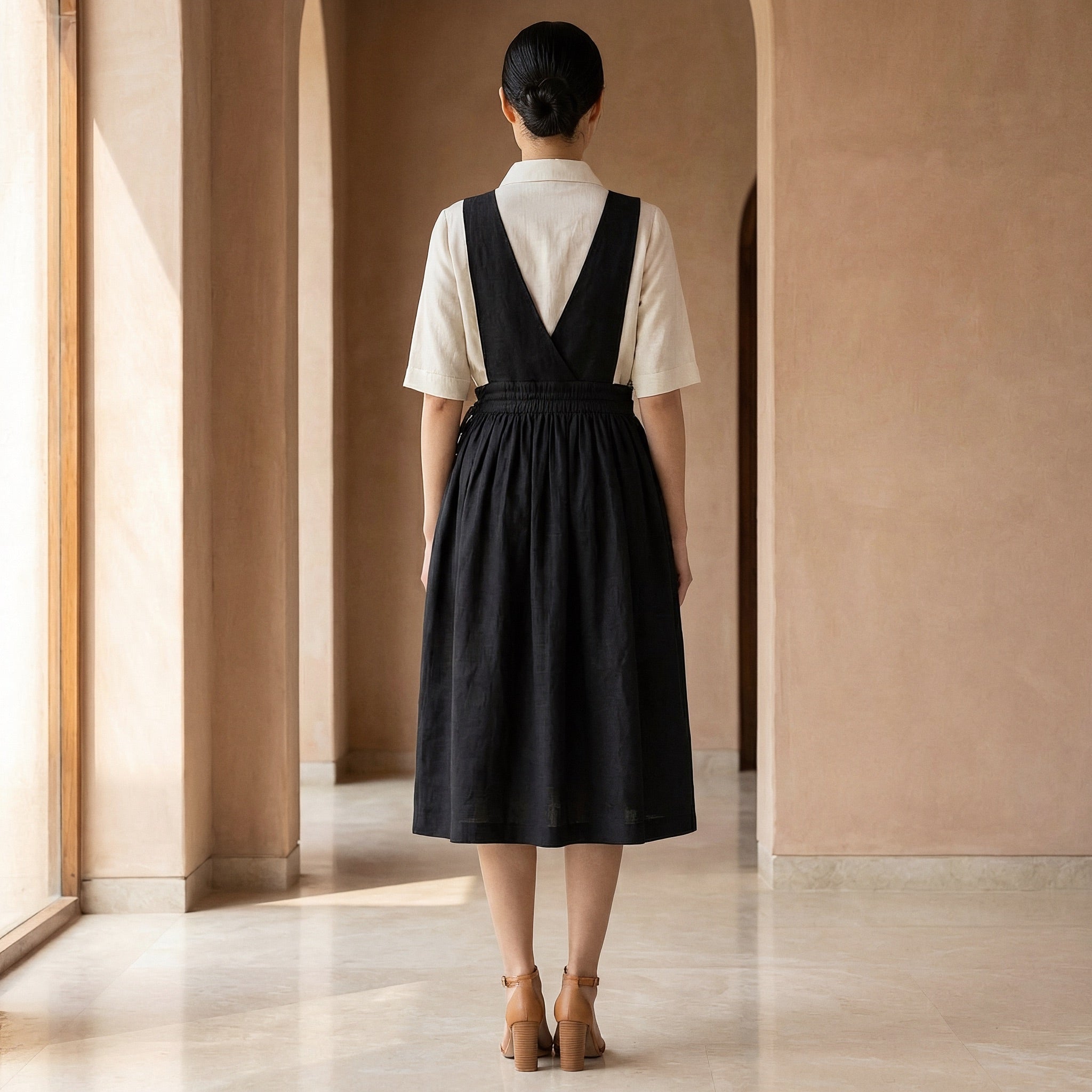Black 100% Cotton V-Neck Pinafore Midi Wrap Dress