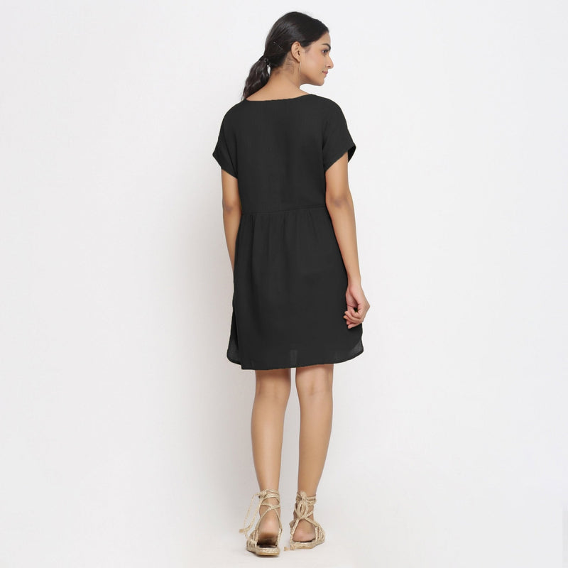 Black 100% Cotton V-Neck Short Wrap Dress