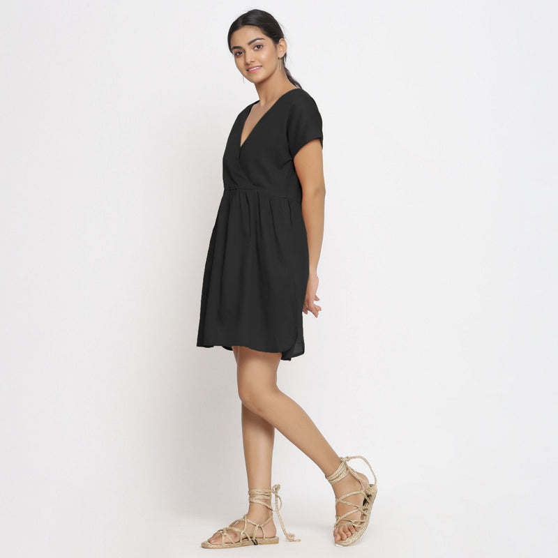 Black 100% Cotton V-Neck Short Wrap Dress