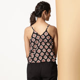 Back View of a Model wearing Black Bagru Block Printed Cotton Cami Top