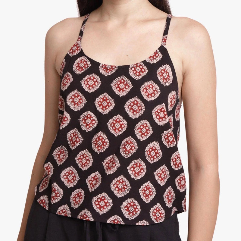 Front Detail of a Model wearing Black Bagru Block Printed Cotton Spaghetti Top