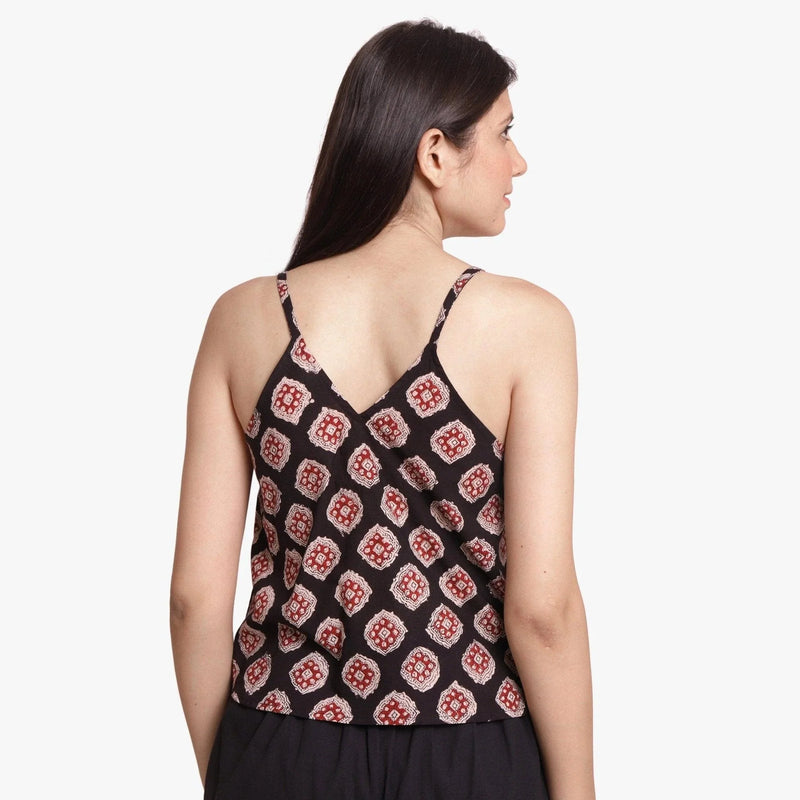 Back View of a Model wearing Black Bagru Block Printed Cotton Spaghetti Top