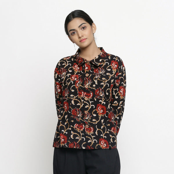 Front View of a Model wearing Black Bagru Block Printed Shirt