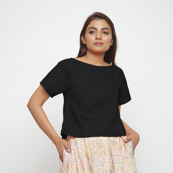 Black Boat Neck Half Sleeve 100% Cotton Top