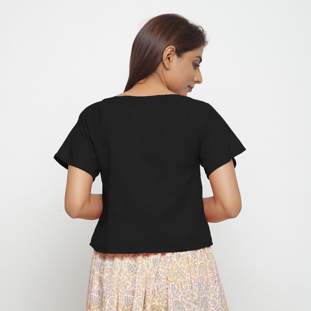 Black Boat Neck Half Sleeve 100% Cotton Top