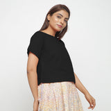 Black Boat Neck Half Sleeve 100% Cotton Top