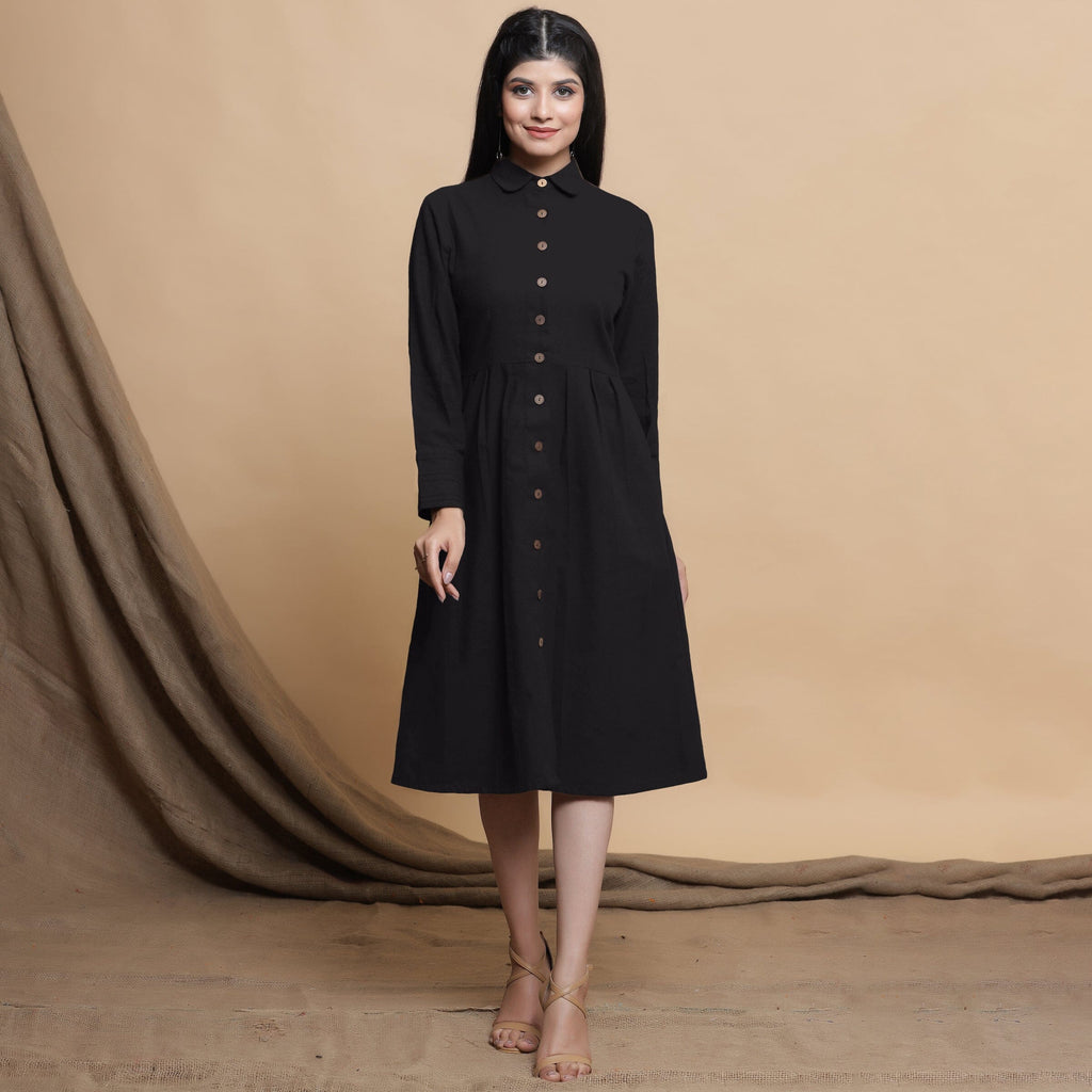 Front View of a Model wearing Black Button Down Cotton Flax Knee Length Formal Dress