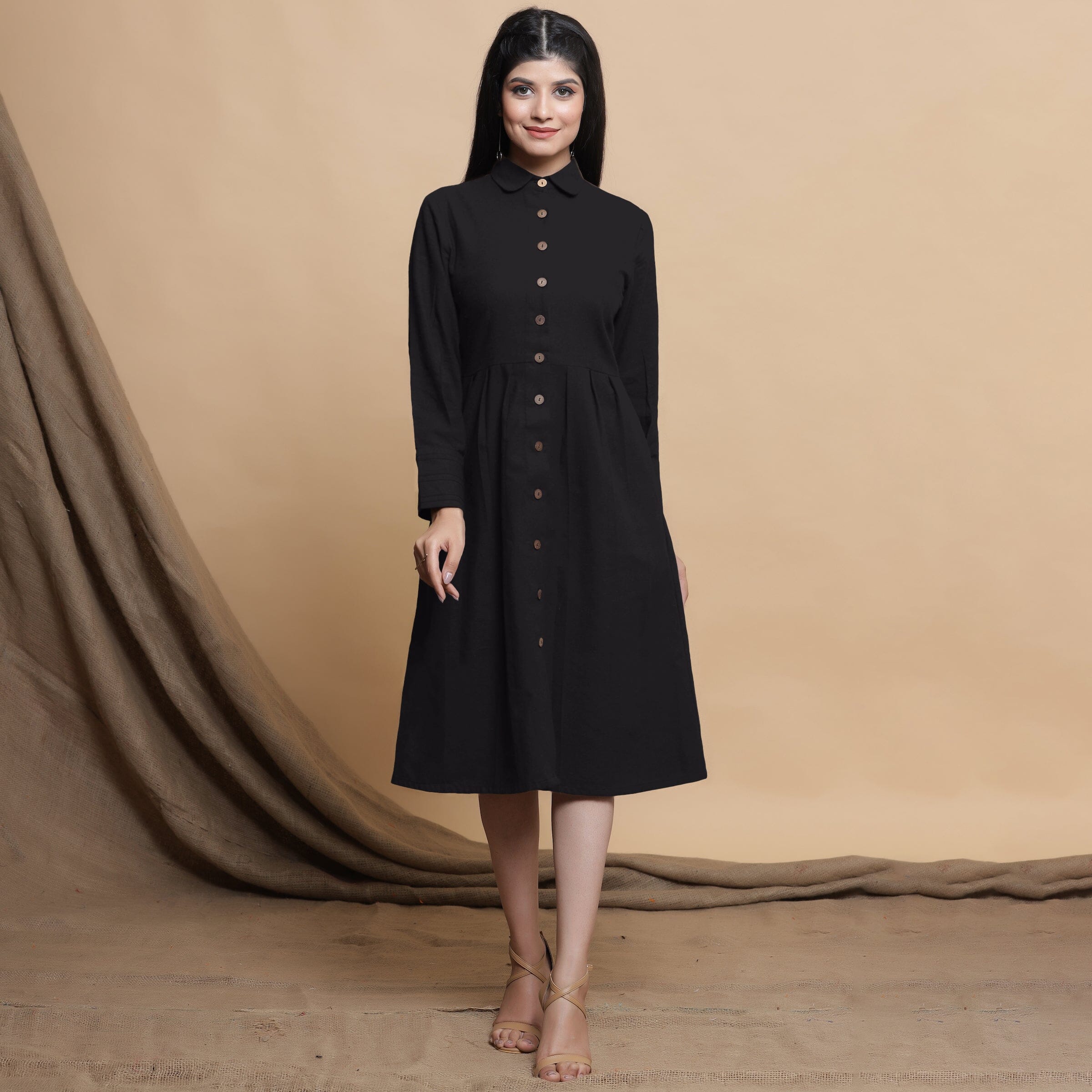 Front View of a Model wearing Black Button Down Cotton Flax Knee Length Formal Dress