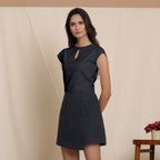 Left View of a Model wearing Black Cap Sleeve Cotton Flannel Short Top