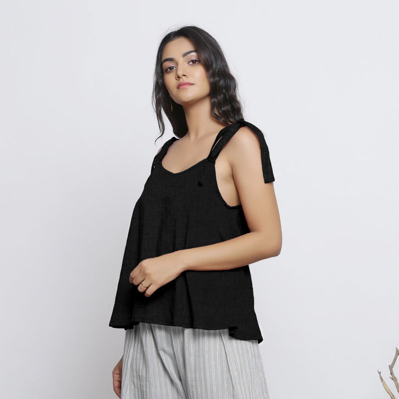 Black Convertible Cotton Linen Tie-Up Top