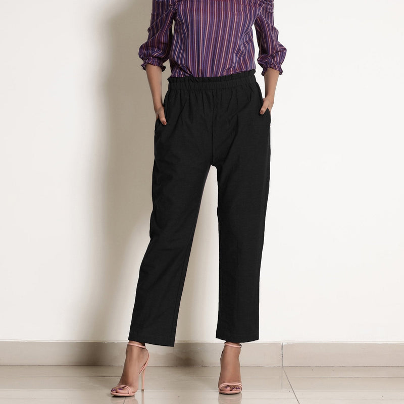 Black Cotton Ankle Length Tapered Pant