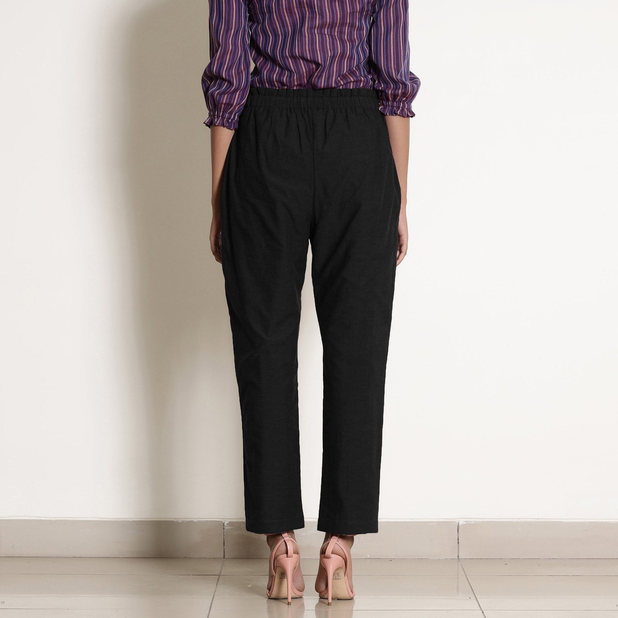 Black Cotton Ankle Length Tapered Pant