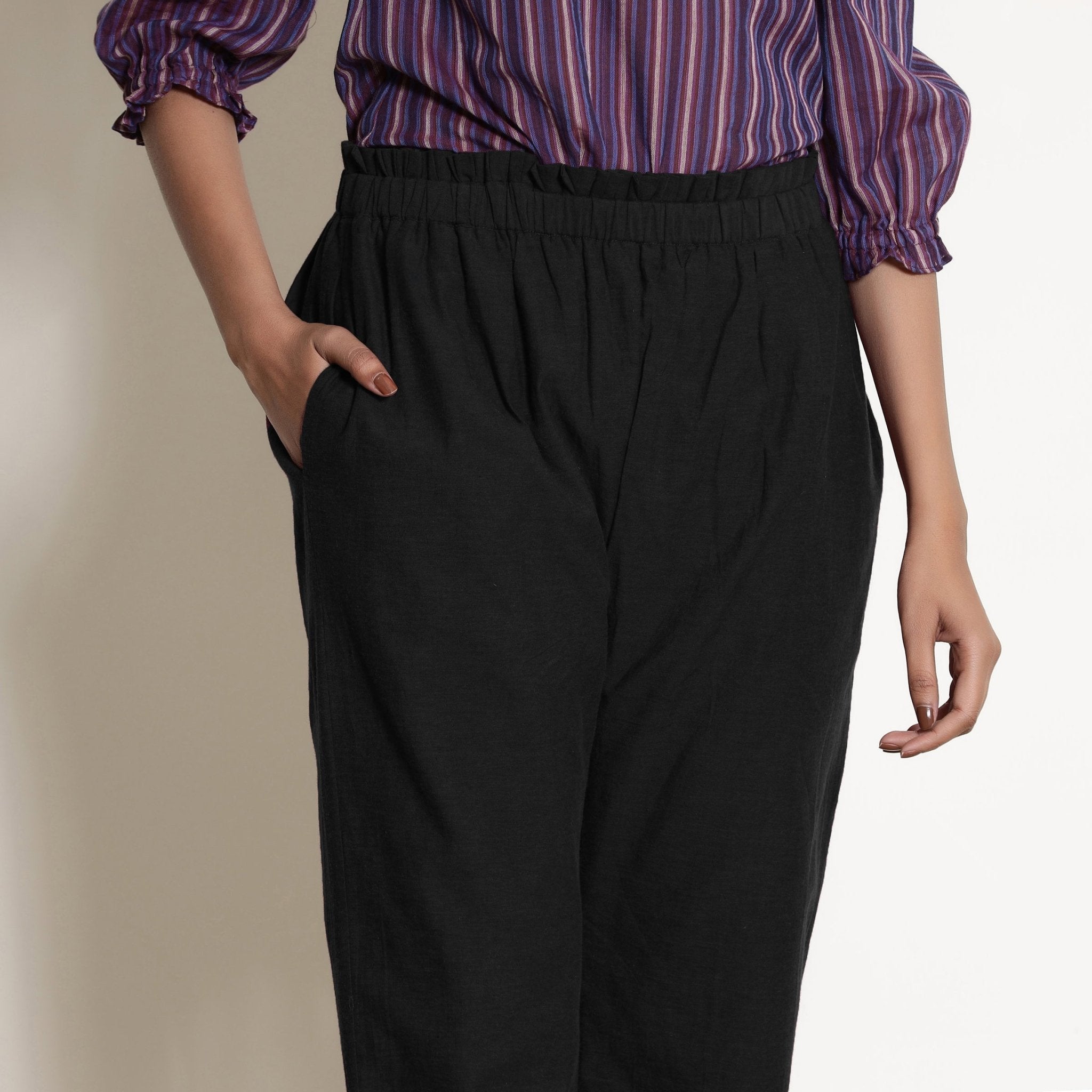 Black Cotton Ankle Length Tapered Pant