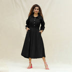 Black Cotton Button-Down Yoked Maxi Dress
