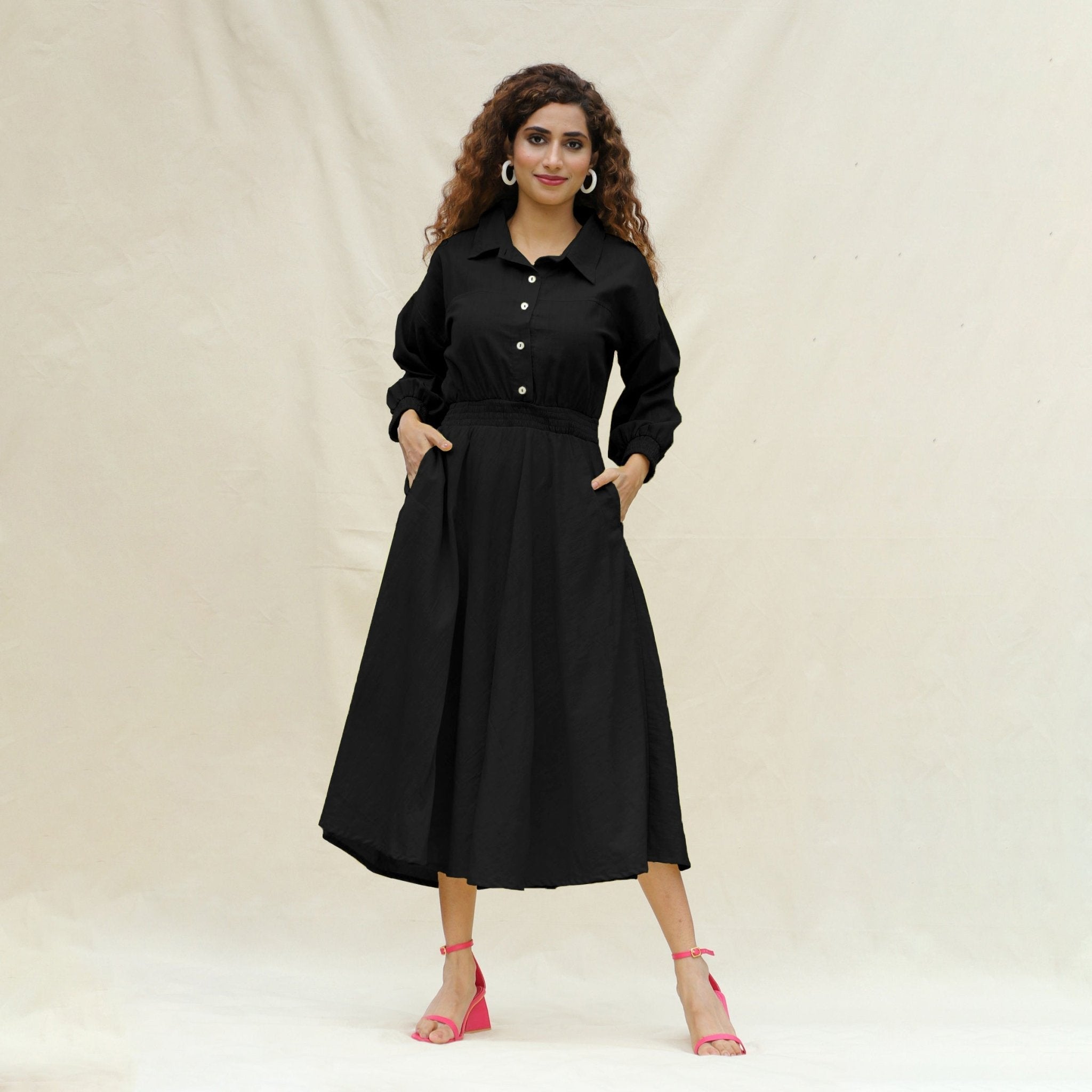 Black Cotton Button-Down Yoked Maxi Dress