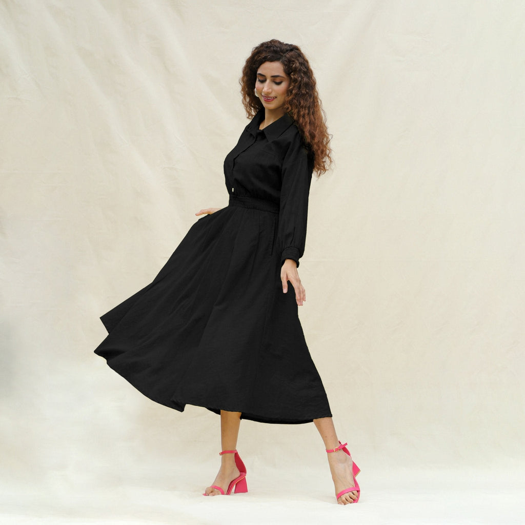 Black Cotton Button-Down Yoked Maxi Dress